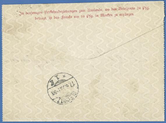 Kartenbrief an Frau Jenny Schlesinger in Gleiwitz, Klosterstraße 6, - versandt am 16. Juni 1899 - Briefrückseite mit Post-Ankunftsstempel Gleiwitz 17.6.99