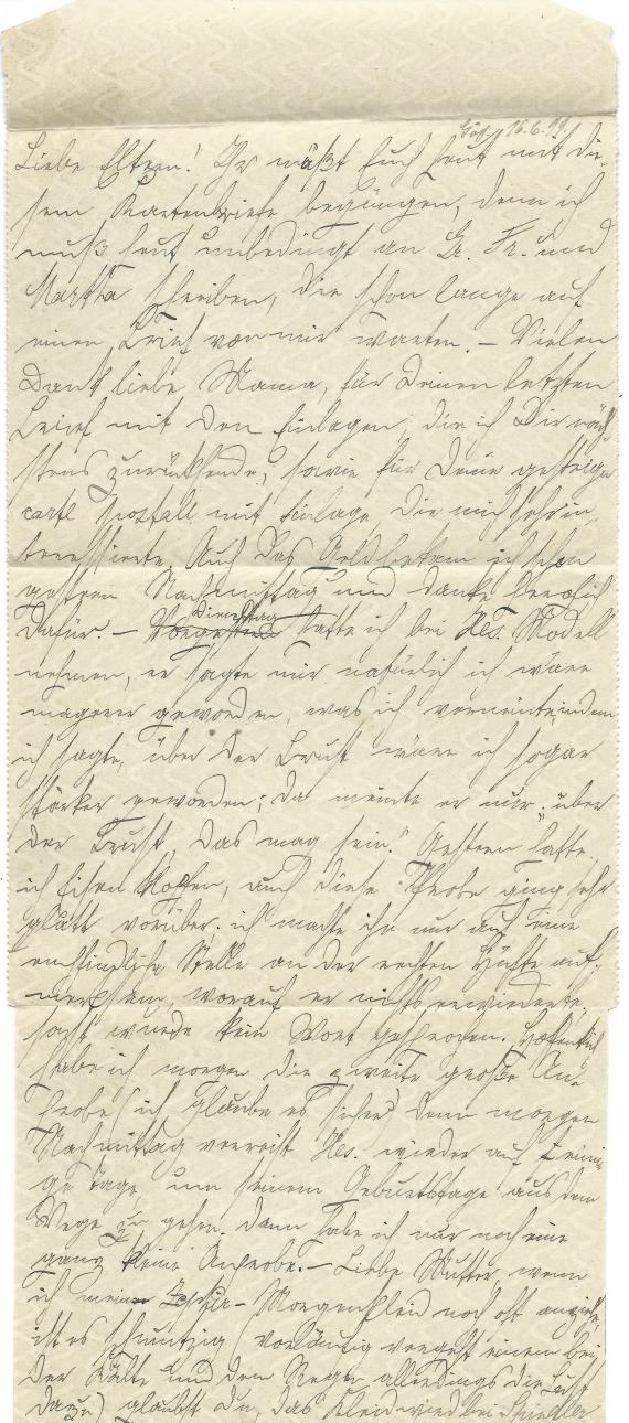 Kartenbrief - Jenny Schlesinger Kartenbrief an Frau Jenny Schlesinger in Gleiwitz, Klosterstraße 6, - versandt am 16. Juni 1899 - Brief-Innenseite mit privatem Text