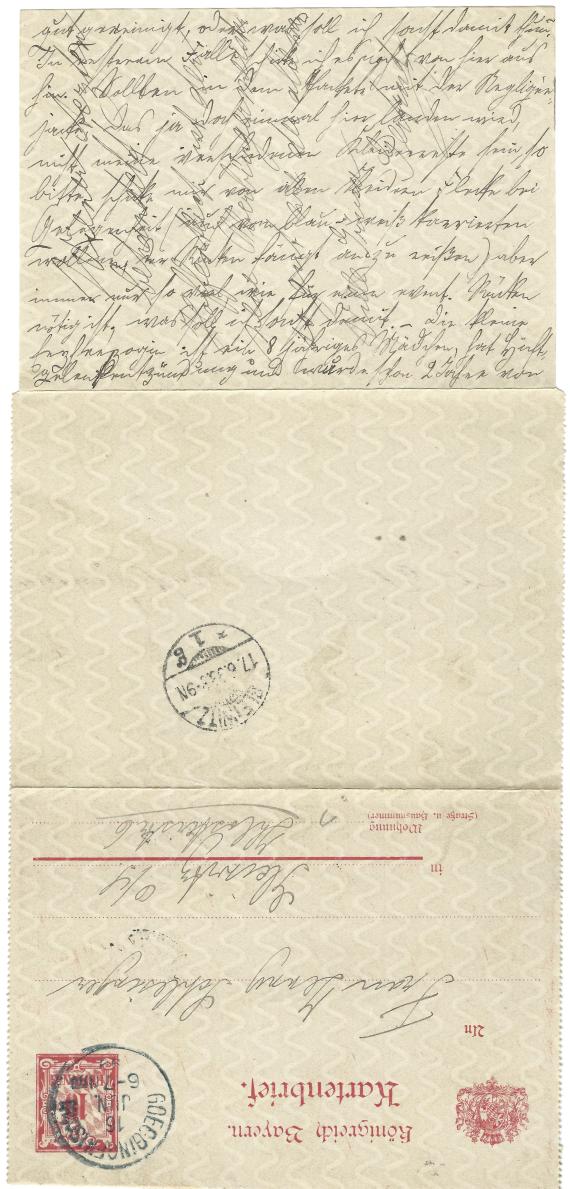 Card letter to Mrs. Jenny Schlesinger in Gleiwitz, Klosterstraße 6, - mailed June 16, 1899 - letter inside/folded back - with private text