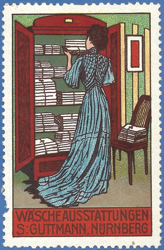 " Textile department store S. Guttmann " in Nuremberg - advertising stamp from the time around 1910 - 1914 - linen equipment