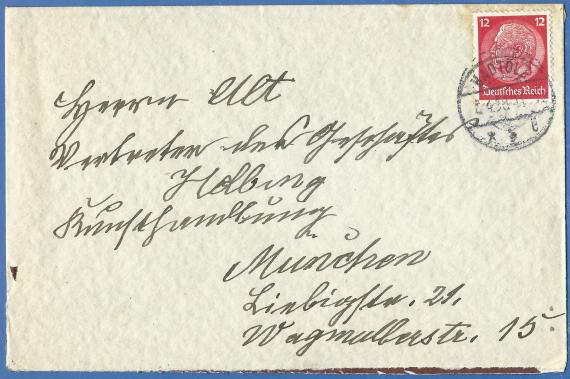 Envelope addressed to Mr. Alt, representative of the store Helbing, Kunsthandlung, Liebigstraße 21, Wagmüllerstraße 15 - sent on April 8, 1938