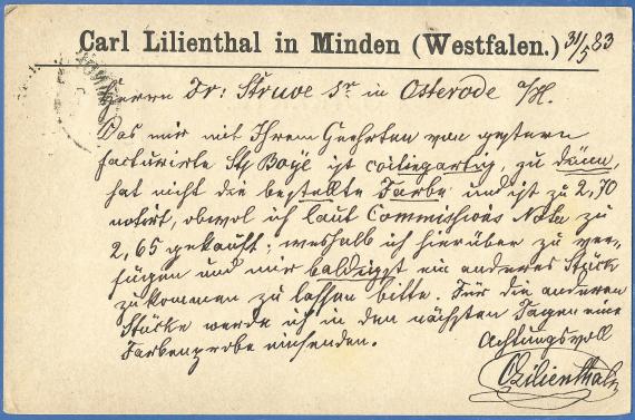 Business postcard from Carl Lilienthal in Minden, - mailed May 31, 1883 - back of card