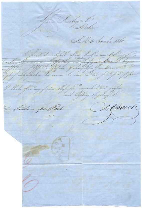 Letter - goods sample order of the mirror factory and cedar wood shop J. Bach of Fürth, - sent on November 16, 1860 - letter inside partly trimmed