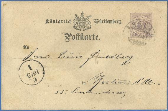 Postkarte geschäftlicher Art an Herrn Louis Friedberg in Berlin, Lindenstraße 55, - versandt am 14. Mai 1877