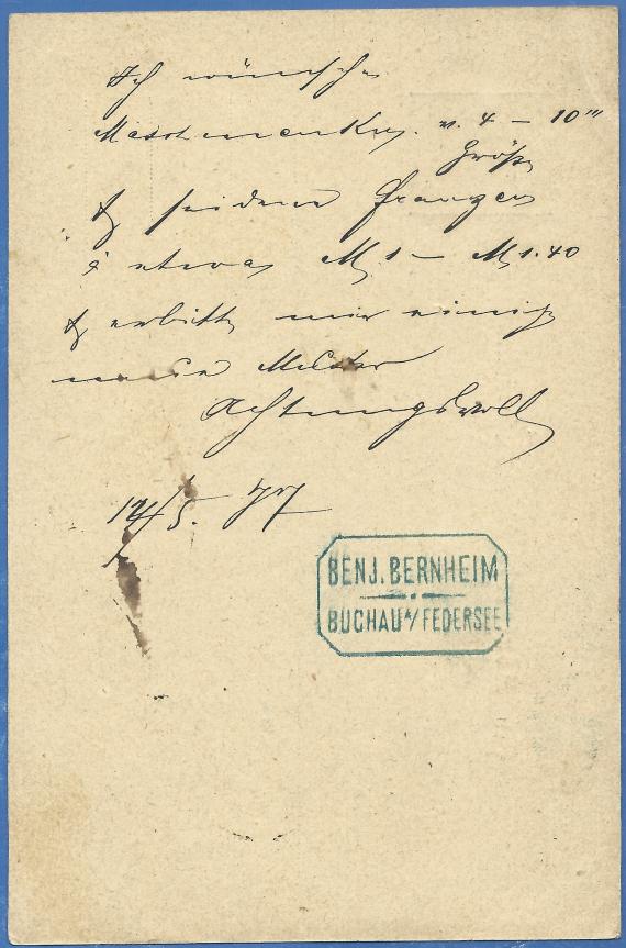 Postkarte geschäftlicher Art an Herrn Louis Friedberg in Berlin, Lindenstraße 55, - versandt am 14. Mai 1877  -  Kartenrückseite