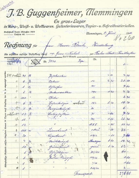 Invoice from J.B. Guggenheimer, En gros-Lager in Kurz-,Weiß- u. Wollwaren, Galanteriewaren, Papier- u. Schreibmaterialien in Memmingen, - issued June 8, 1918