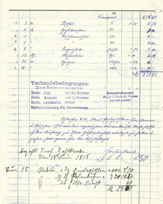 Invoice from J.B. Guggenheimer, En gros-Lager in Kurz-,Weiß- u. Wollwaren, Galanteriewaren, Papier- u. Schreibmaterialien in Memmingen, - issued June 8, 1918 - back of invoice