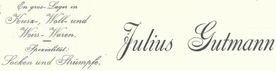 Rechnung von Julius Gutmann, En gros- Lager in Kurz-,Woll-und Weißwaren, Spezialität: Socken und Strümpfe in Memmingen, - ausgestellt am 11. März 1913 - Ausschnittvergrößerung Rechnungskopf