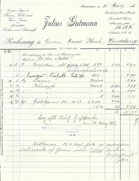 Invoice from Julius Gutmann, En gros warehouse in short, wool and white goods, specialty: socks and stockings in Memmingen, - issued March 11, 1913