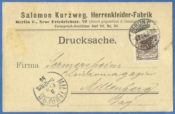 Geschäftspostkarte der Herrenkleider-Fabrik Salomon Kurzweg in Berlin, - versandt am 6. Februar 1896 