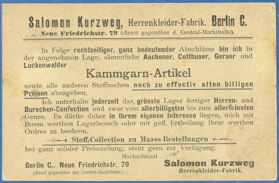 Business postcard of the men's clothing factory Salomon Kurzweg in Berlin, - mailed on February 6, 1896 - back of card