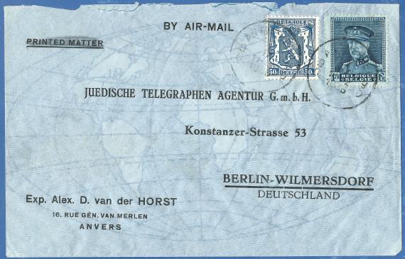 Envelope addressed to the " Jüdische Telegraphen Agentur G.m.b.H. " in Berlin - Wilmersdorf, Konstanzer Straße 53, - mailed on September 1, 1936