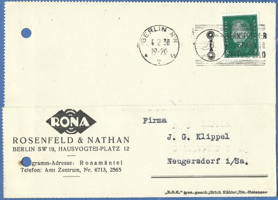   Business postcard of the company " Rona - Rosenfeld & Nathan " in Berlin, Hausvogtei-Platz 12, - mailed on February 4, 1930