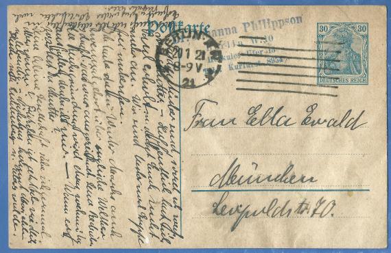 Postkarte - Dr. Johanna Philippson Postkarte privater Art von Dr. Johanna Philippson, Berlin, Herkules Ufer 13, - versandt am 20. Januar 1921