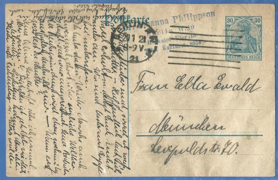 Postkarte privater Art von Dr. Johanna Philippson, Berlin, Herkules Ufer 13, - versandt  am 20. Januar 1921