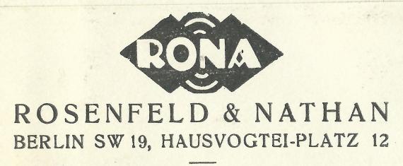 Geschäftspostkarte der Firma " Rona - Rosenfeld & Nathan " in Berlin, Hausvogtei-Platz 12, - versandt am 4. Februar 1930  - Ausschnittvergrößerung Firmenname