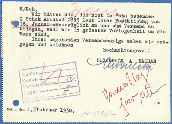 Business postcard of the company " Rona - Rosenfeld & Nathan " in Berlin, Hausvogtei-Platz 12, - mailed on February 4, 1930 - back of card