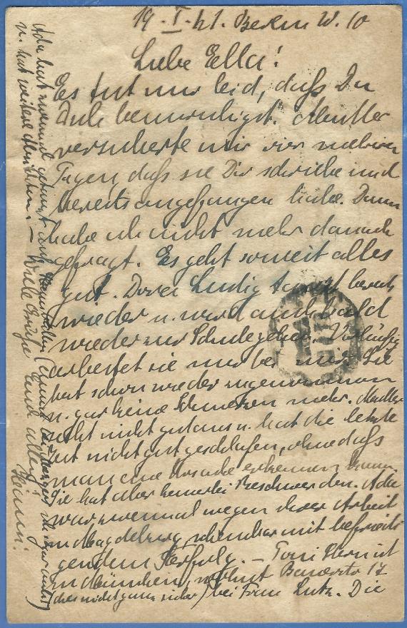 Postkarte privater Art von Dr. Johanna Philippson, Berlin, Herkules Ufer 13, - versandt  am 20. Januar 1921 - Kartenrückseite