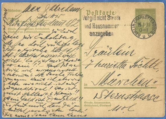 Postcard of private nature from Max. J. Abraham in Berlin, Kurfürstendamm 182, - mailed on January 25, 1933.