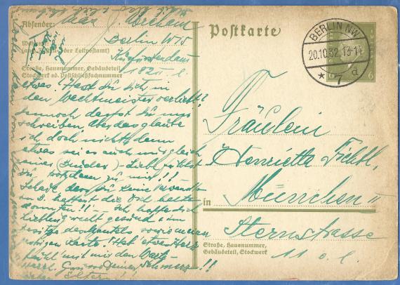 Postcard of private nature from Max. J. Abraham in Berlin, Kurfürstendamm 182, - mailed on October 20, 1932.