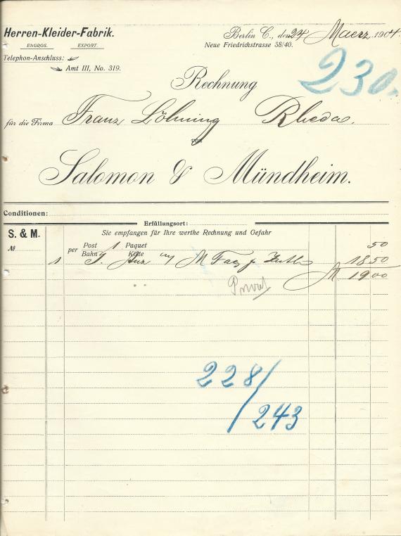 Business letter from " Herren-Kleider-Fabrik Salomon & Mündheim " in Berlin, Neue Friedrichstraße 38/40, - sent on March 24, 1904