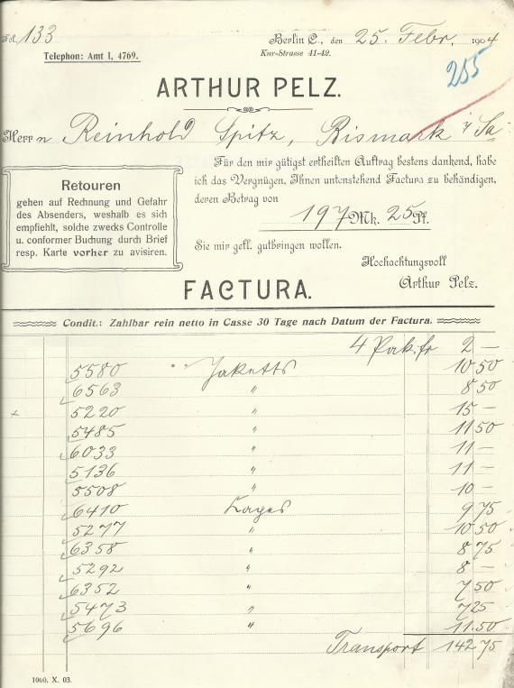 Geschäftsschreiben von Arthur Pelz, Berlin, Kurstraße 41-42, - versandt am 25. Februar 1904 