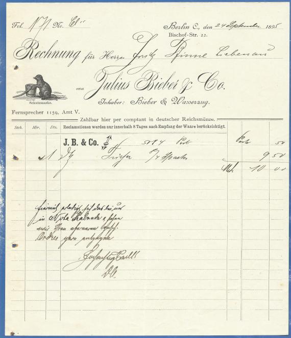 Invoice of the company " Julius Bieber & Co - owner Bieber & Wasserzug " in Berlin , Bischof-Straße 22, - issued on September 24, 1895