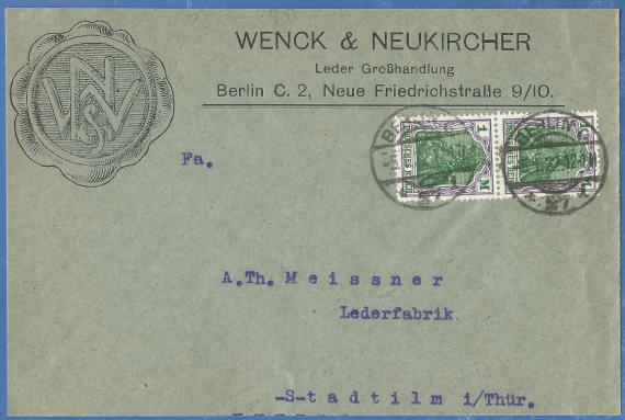 Envelope of the " Leder-Großhandlung Wenck & Neukircher " in Berlin, Neue Friedrichstraße 9/10, - mailed on January 5, 1922