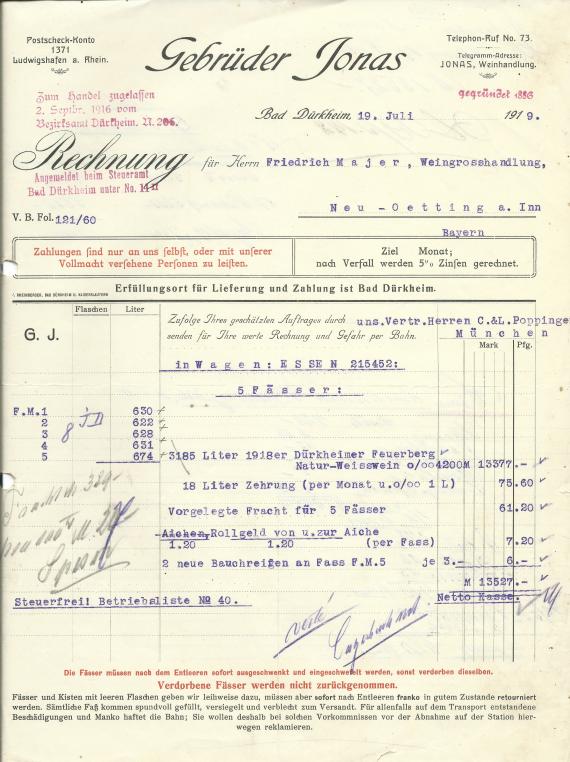 Invoice of the " Weinhandlung Gebrüder Jonas " in Bad Dürkheim, - issued on July 19, 1919