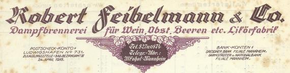 Geschäftsschreiben der " Dampfbrennerei für Wein, Obst, Beeren etc. - Likörfabrik  Robert Feibelmann & Co. " in Mannheim, - versandt am 18. Januar 1936 - Ausschnittvergrößerung Briefkopf