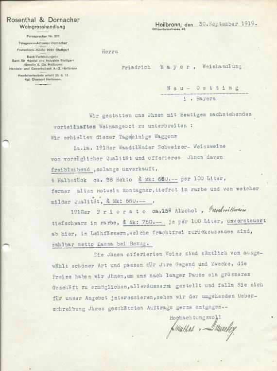 Geschäftsschreiben der " Weingroßhandlung Rosenthal & Dornacher " in Heilbronn, - versandt am 30. September 1919  