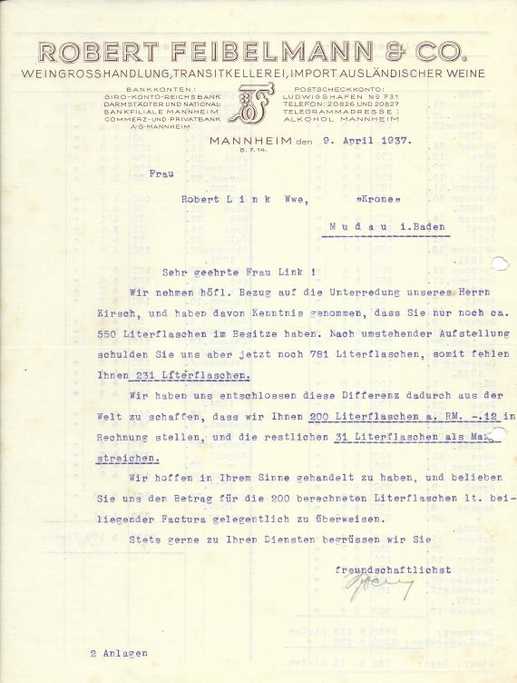 Business letter of the " Weingroßhandlung Robert Feibelmann & Co.-Transitkellerei, Import ausländischer Weine ", in Mannheim, - sent on April 9, 1937