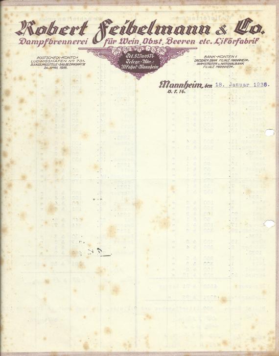 Geschäftsschreiben der " Dampfbrennerei für Wein, Obst, Beeren etc. - Likörfabrik  Robert Feibelmann & Co. " in Mannheim, - versandt am 18. Januar 1936  