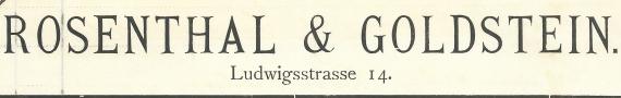 Invoice from " Rosenthal & Goldstein, - Band,- Knopf,- Garn- und Posamtierwaren en gros " in Nuremberg, Ludwigstraße 14, - written on August 29, 1888 - detail enlargement company name