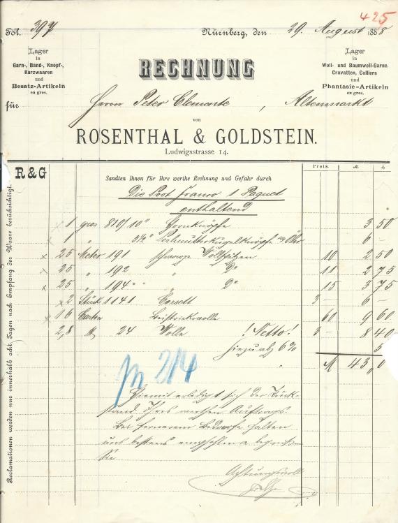 Rechnung von " Rosenthal & Goldstein, - Band,- Knopf,- Garn- und Posamtierwaren en gros " in Nürnberg, Ludwigstraße 14, - geschrieben am 29. August 1888 