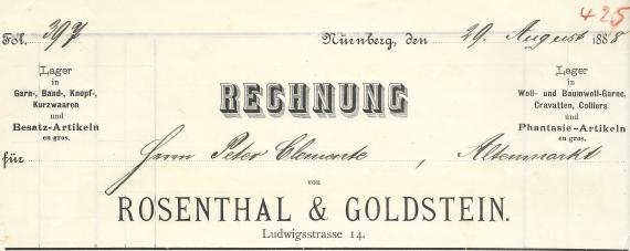 Rechnung von " Rosenthal & Goldstein, - Band,- Knopf,- Garn- und Posamtierwaren en gros " in Nürnberg, Ludwigstraße 14, - geschrieben am 29. August 1888 - Ausschnittvergrößerung Rechnungskopf