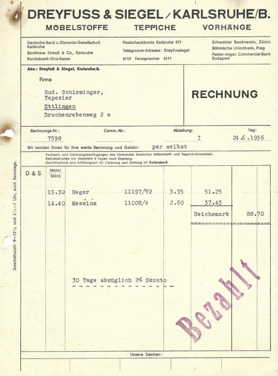 Rechnung von " Dreyfuss & Siegel, Möbelstoffe, Teppiche, Vorhänge " in Karlsruhe, Kaiserstraße 197, - geschrieben am 24. Juni 1936  