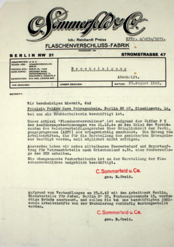 Arbeitsbescheinigung für Felice Schragenheim von der Firma Sommerfeld & Co auf Kopfbogen der Firma.