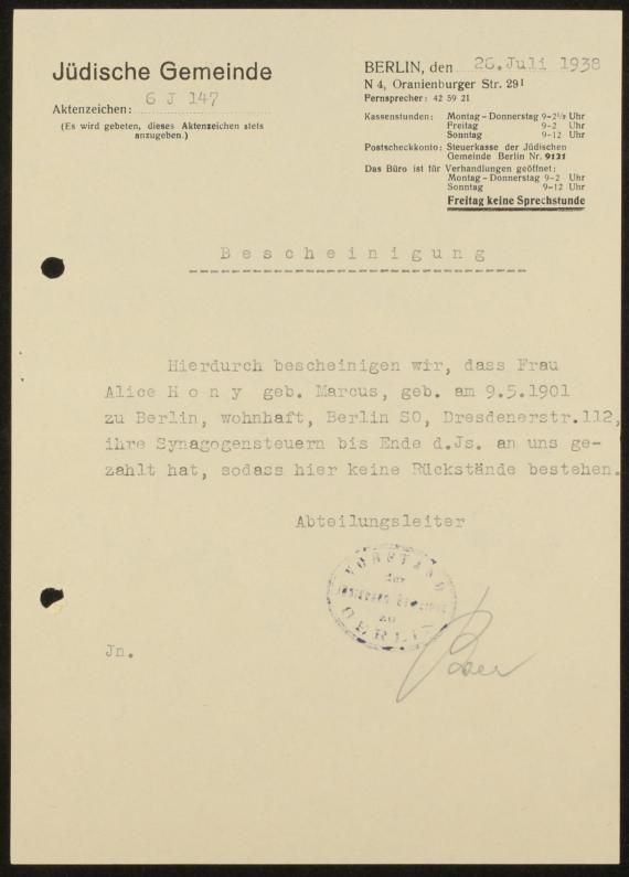 Certificate of the Jewish Community Berlin for Alice Hony, née Marcus