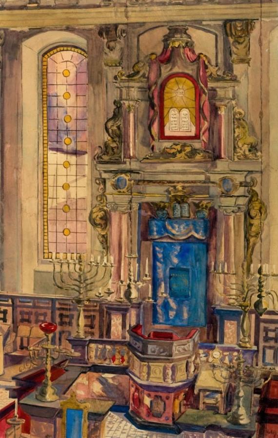 Aquarell mit Innenansicht der Halberstädter Gemeindesynagoge (Blick nach Osten Richtung Toraschrein)