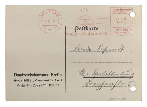 Postcard back. Sender's stamp Chamber of Crafts Berlin. To Frieda Behrend. From Charlottenburg. German Reichspost