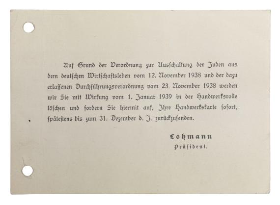 Postcard from the Berlin Chamber of Crafts. Text about the termination of Frieda Behrend's job.