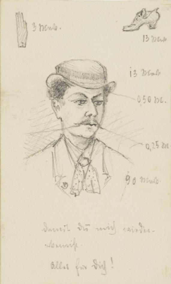 A pencil sketch showing the face of Ludwig Salinger. Also, prices of the dress-up clothes are given.