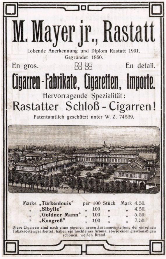 Werbeplakat Tabkwarenhandlung M. Mayer jr., Rastatt