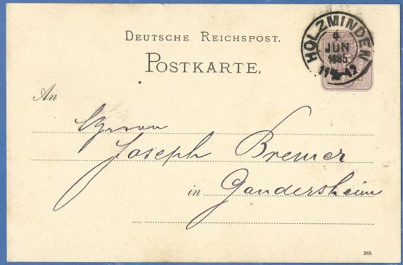 Postcard of a business nature to Mr. Joseph Bremer in Gandersheim, - mailed June 4, 1885