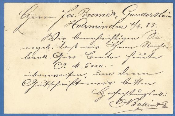 Postcard of a business nature to Mr. Joseph Bremer in Gandersheim, - mailed June 4, 1885 - back of card