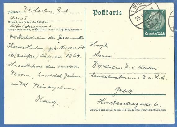 Postcard of a private nature addressed to Dr. Wilhelm Edler von Kaan, former governor and lawyer in Graz, Hartenaugasse 6 - sent on April 23, 1938.