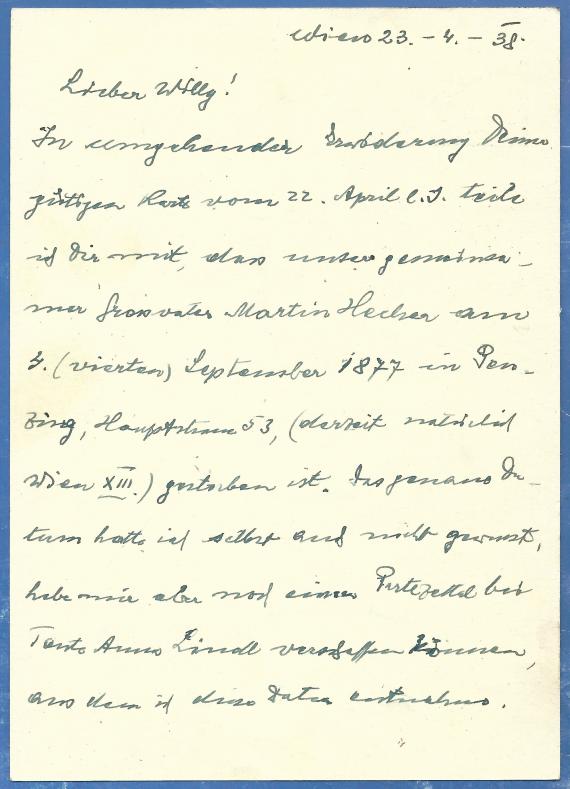 Postkarte privater Art an Hochwohlgeboren Herrn Dr. Wilhelm Edler von Kaan, Landeshauptmann a. D. und Rechtsanwalt in Graz, Hartenaugasse 6 - versandt am 23. April 1938 - Kartenrückseite