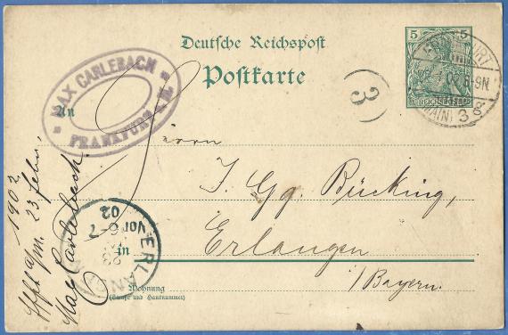 Postcard of a business nature from Max Carlebach, Frankfurt a. M., - mailed January 22, 1902