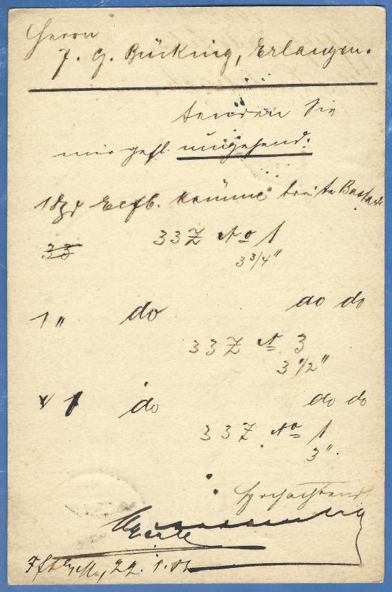 Postkarte - Max Carlebach Postkarte geschäftlicher Art von Max Carlebach, Frankfurt a. M., - versandt am 22. Januar 1902 - Kartenrückseite